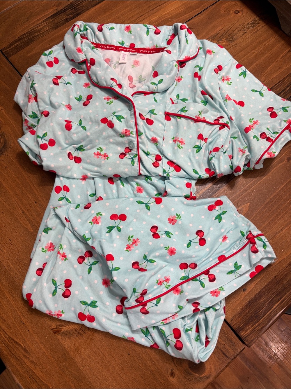 Cherry-Print Light Blue Women's Pajama Set with Red Trim